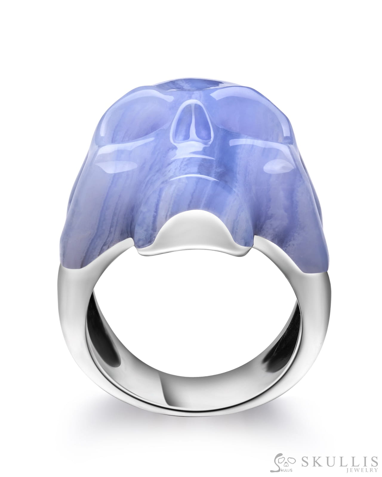 Skullis Signature Blue Lace Agate Gem Skull Ring Hand Carved Sterling Silver For Women & Men Rings