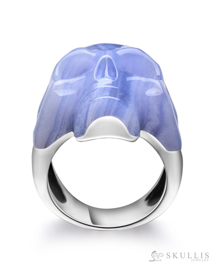 Skullis Signature Blue Lace Agate Gem Skull Ring Hand Carved Sterling Silver For Women & Men Rings