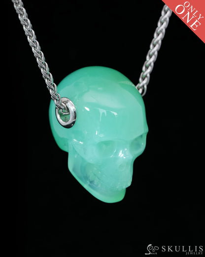 Skullis Signature Chrysoprase Gem Skull Pendant or Necklace Hand Carved Sterling Silver 925 Chain for Women & Men