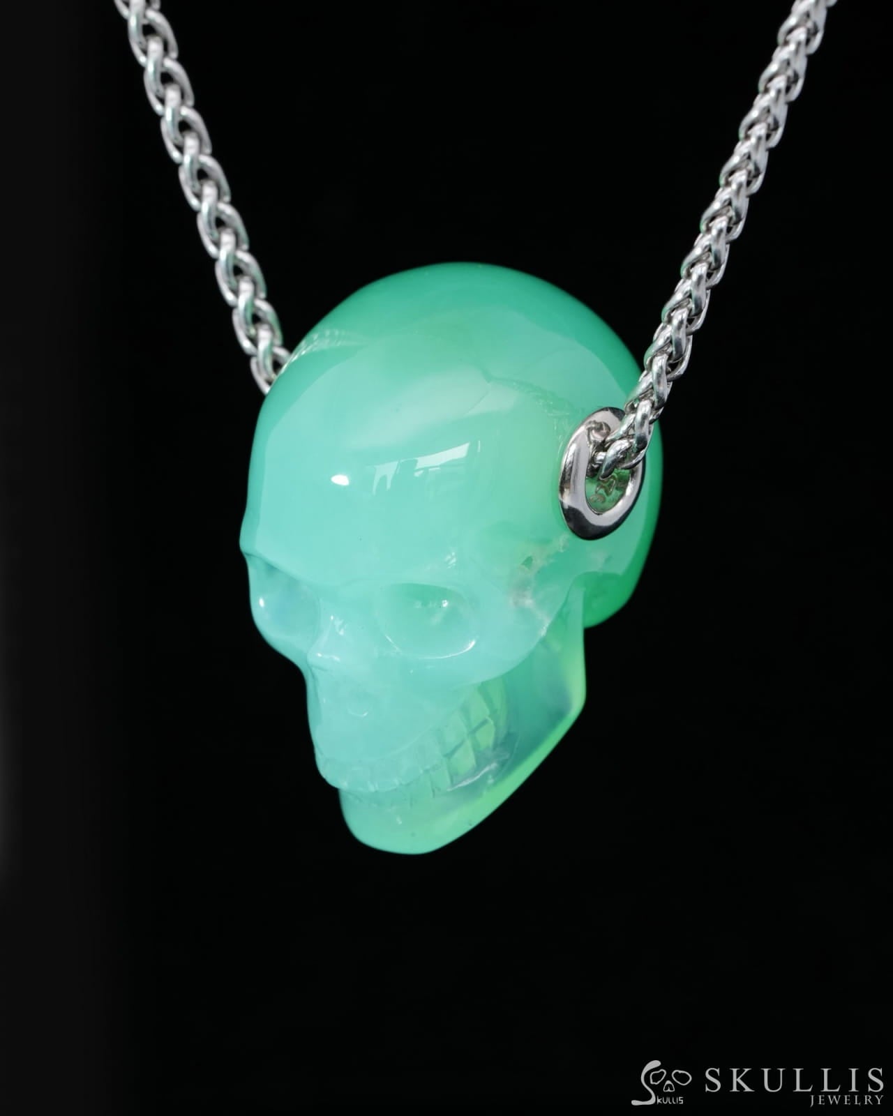 Skullis Signature Chrysoprase Gem Skull Pendant or Necklace Hand Carved Sterling Silver 925 Chain for Women & Men