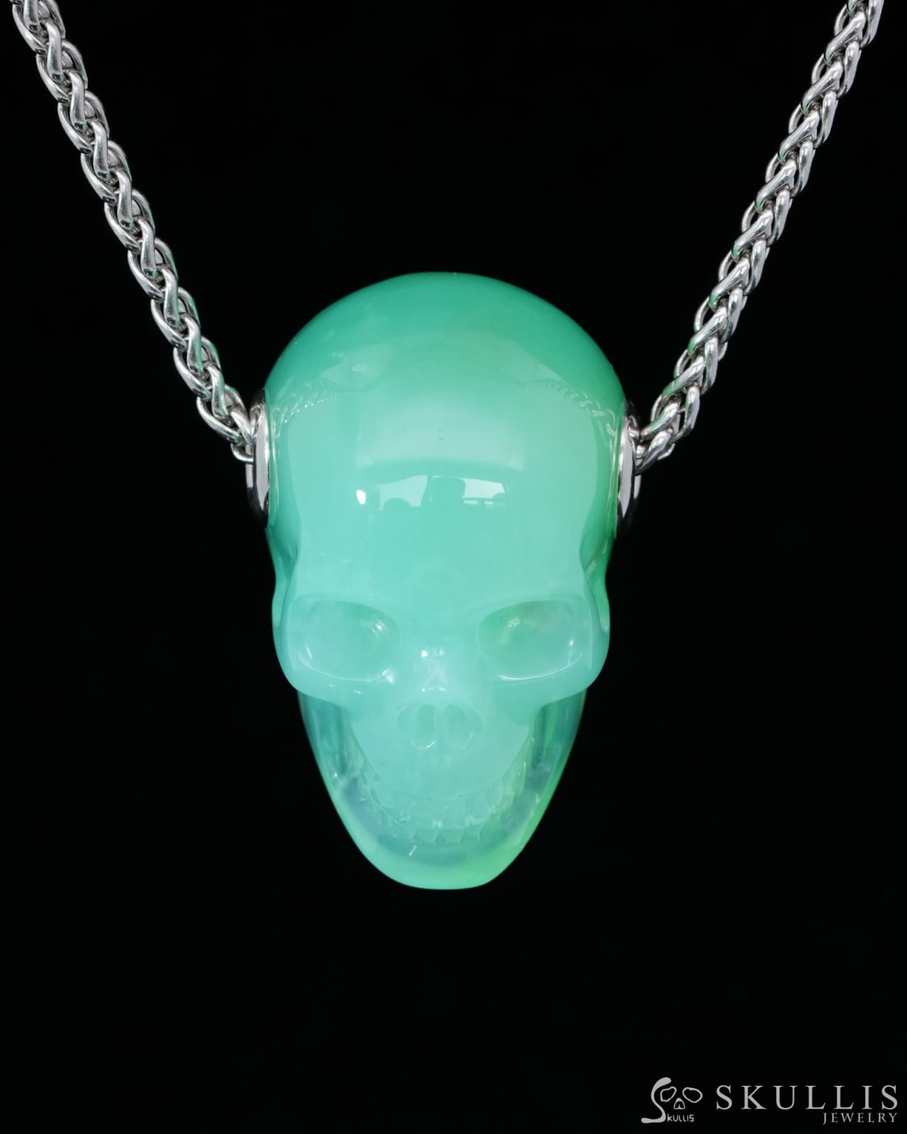 Skullis Signature Chrysoprase Gem Skull Pendant or Necklace Hand Carved Sterling Silver 925 Chain for Women & Men