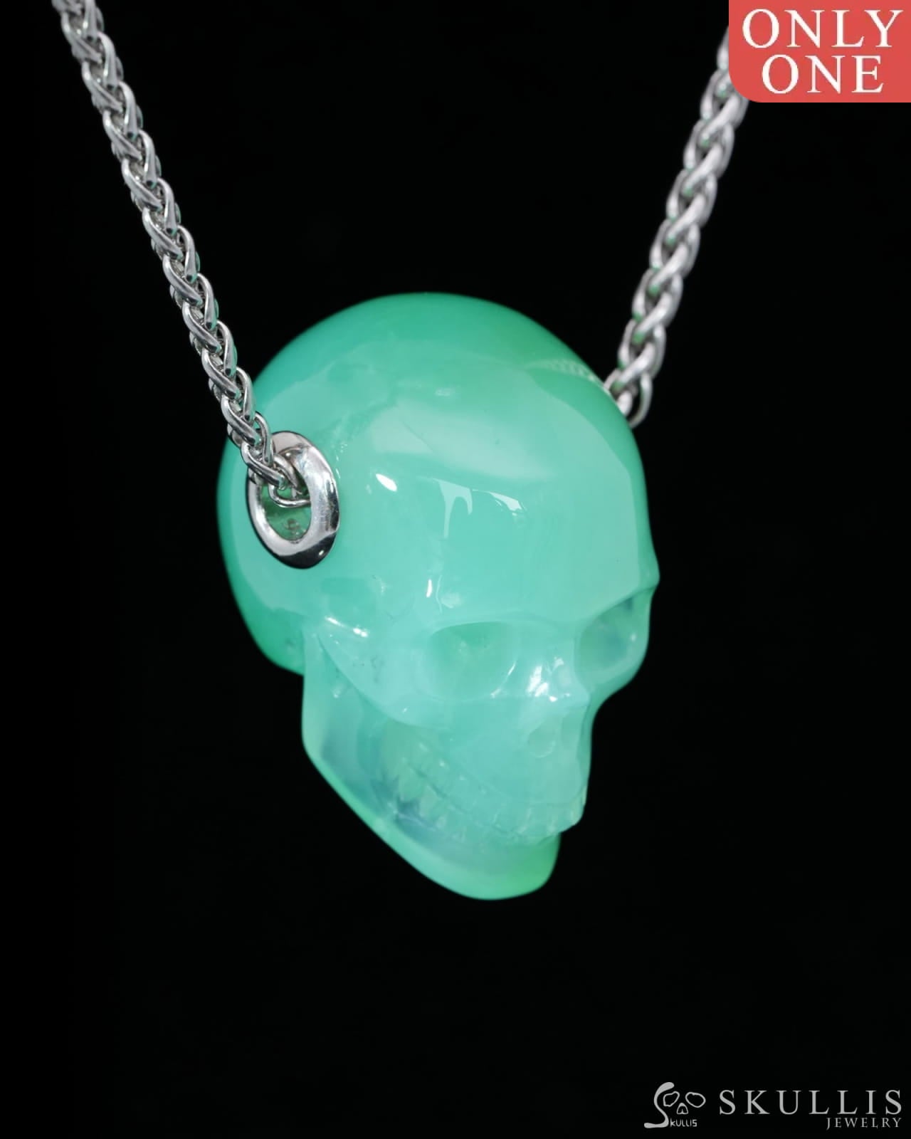 Skullis Signature Chrysoprase Gem Skull Pendant or Necklace Hand Carved Sterling Silver 925 Chain for Women & Men