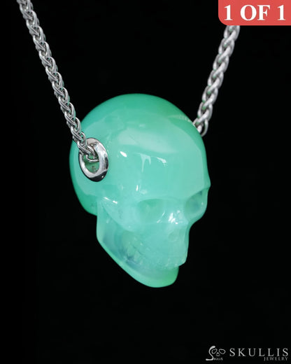 Skullis Signature Chrysoprase Gem Skull Pendant or Necklace Hand Carved Sterling Silver 925 Chain for Women & Men