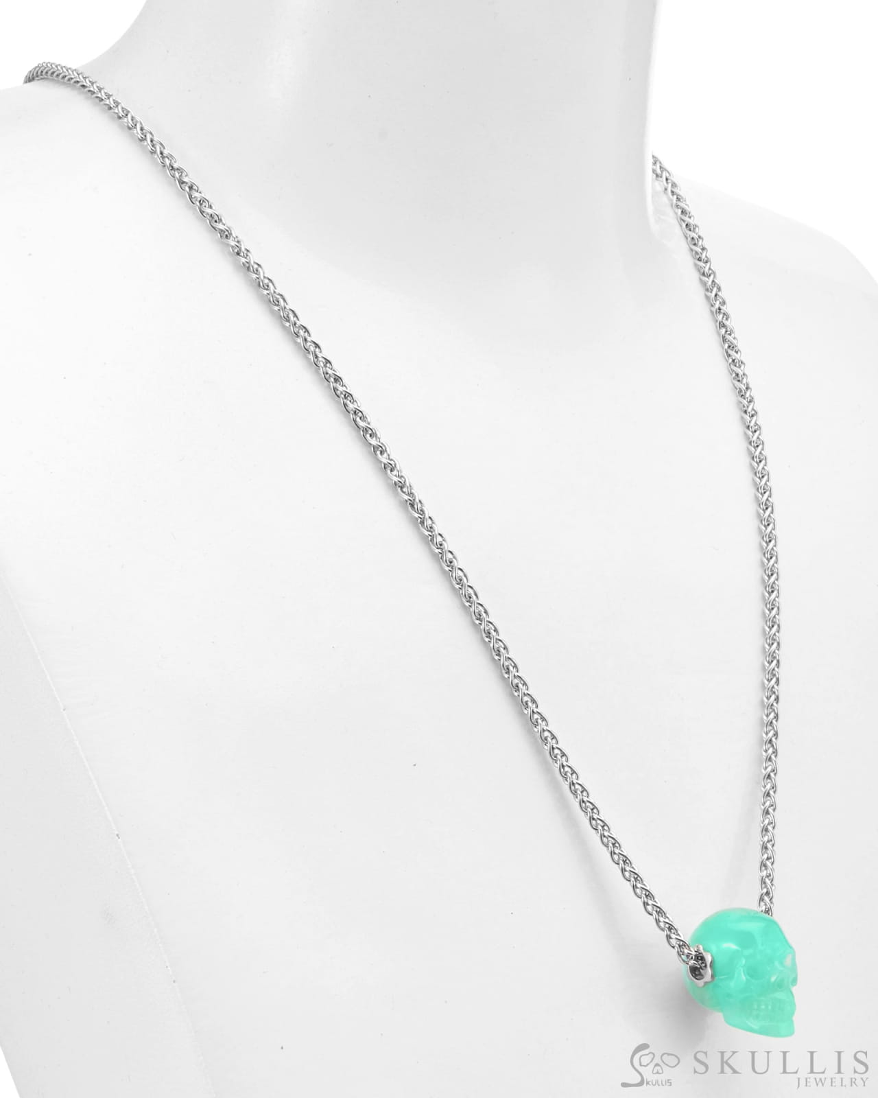 Skullis Signature Chrysoprase Gem Skull Pendant or Necklace Hand Carved Sterling Silver 925 Chain for Women & Men Skull