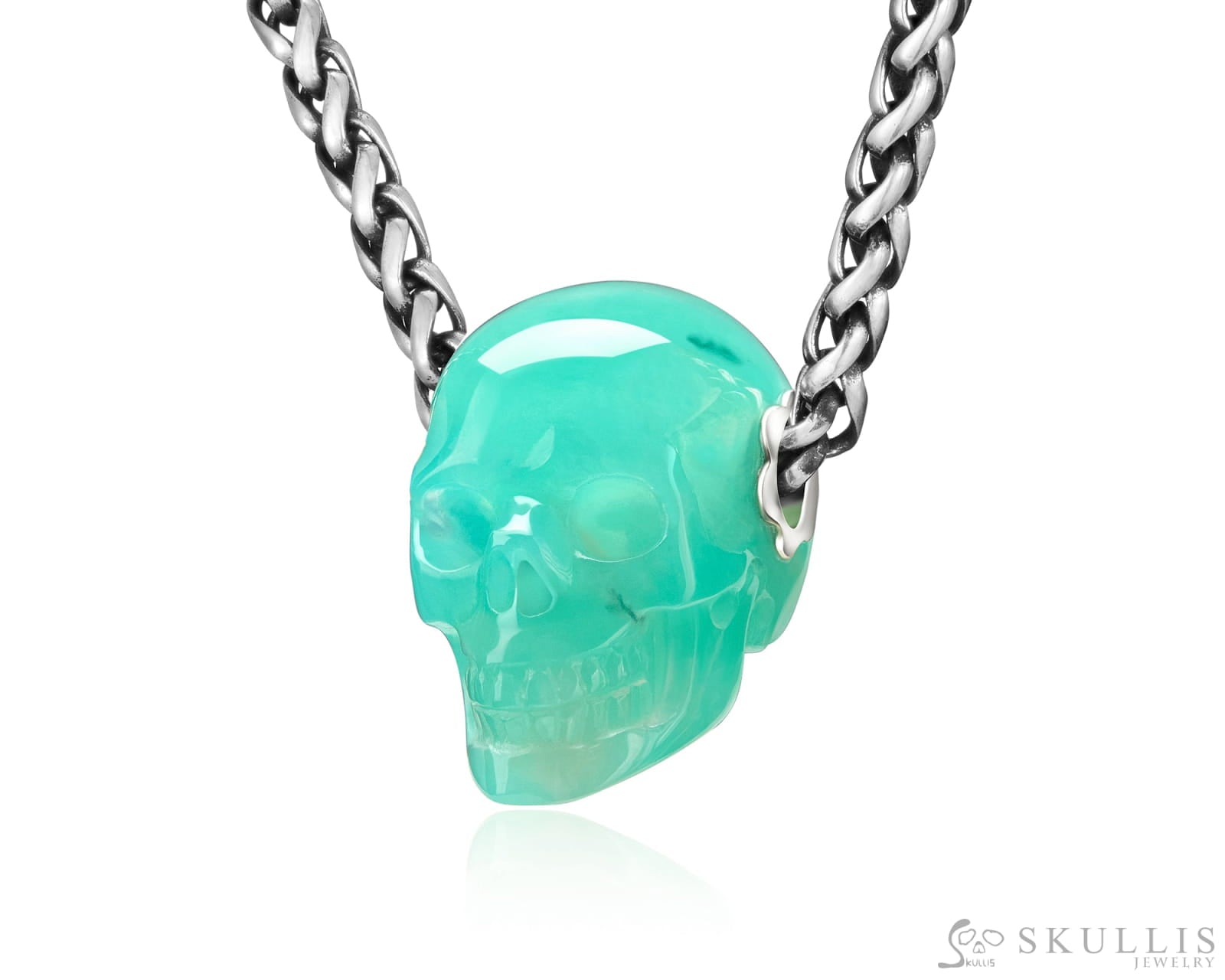Skullis Signature Chrysoprase Gem Skull Pendant or Necklace Hand Carved Sterling Silver 925 Chain for Women & Men Skull