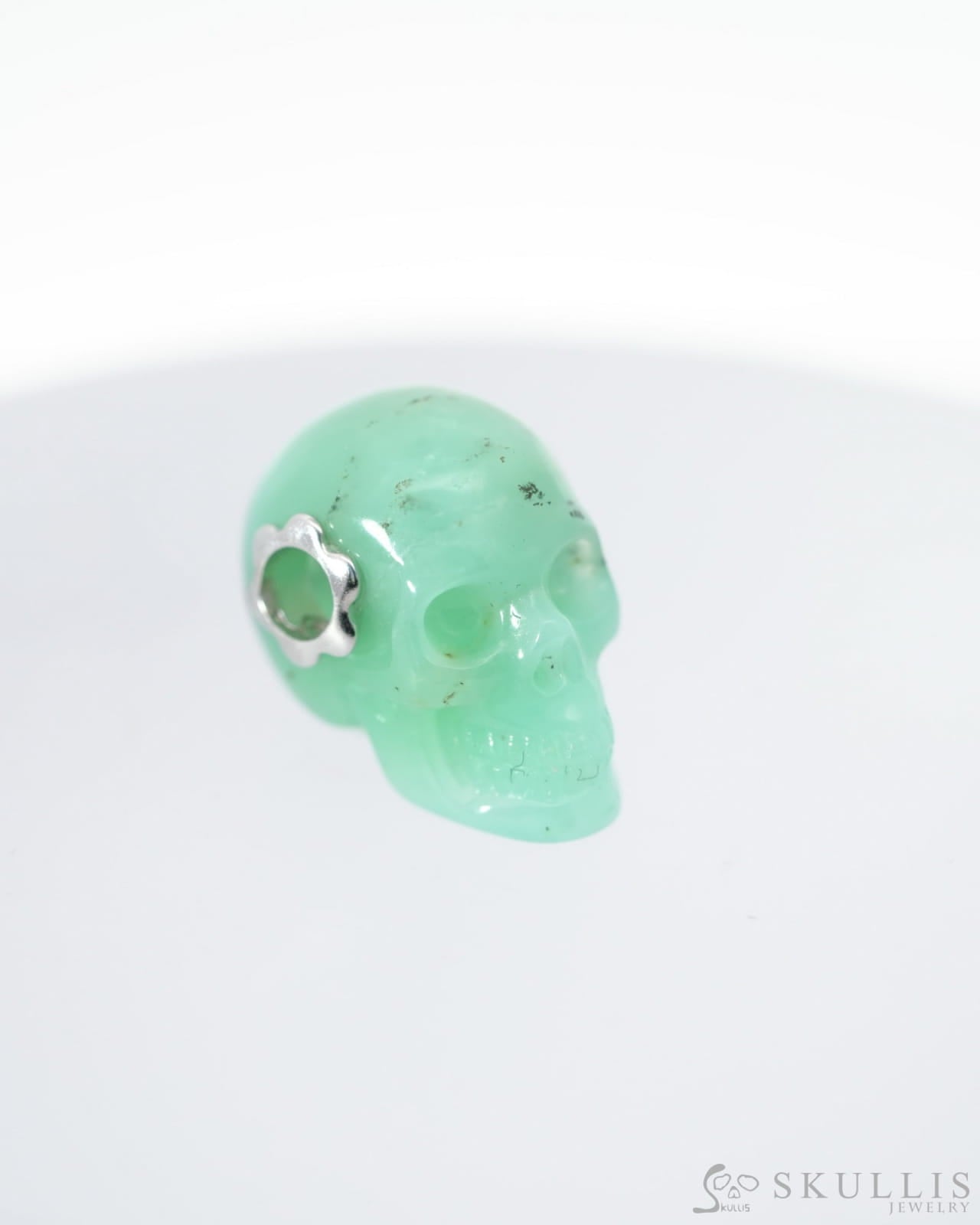 Skullis Signature Chrysoprase Gem Skull Pendant Or Necklace Hand Carved Sterling Silver 925 Chain