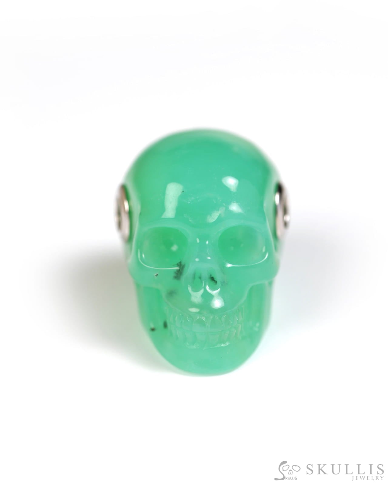 Skullis Signature Chrysoprase Gem Skull Pendant or Necklace Hand Carved Sterling Silver 925 Chain for Women & Men
