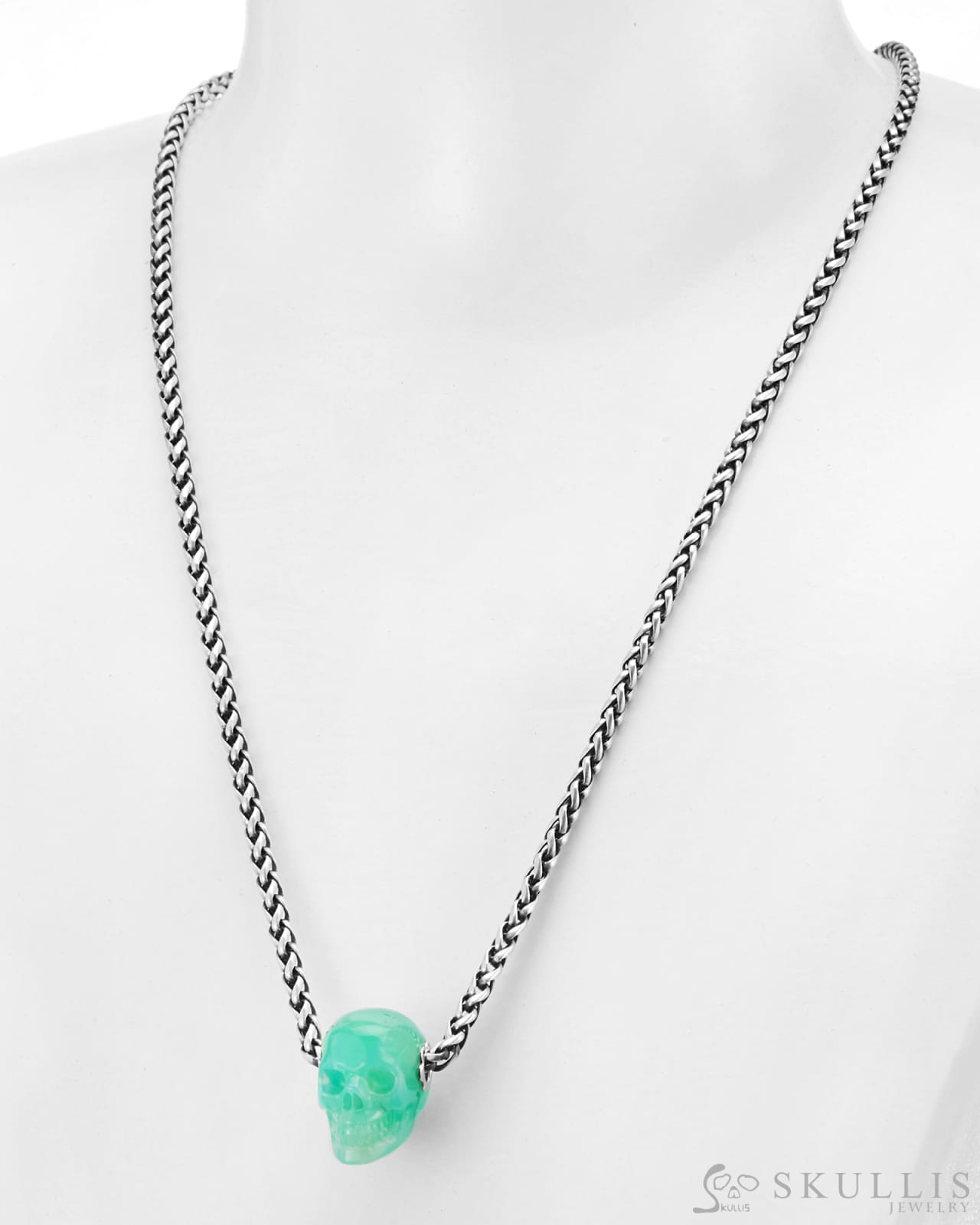 Skullis Signature Chrysoprase Gem Skull Pendant or Necklace Hand Carved Sterling Silver 925 Chain for Women & Men Skull