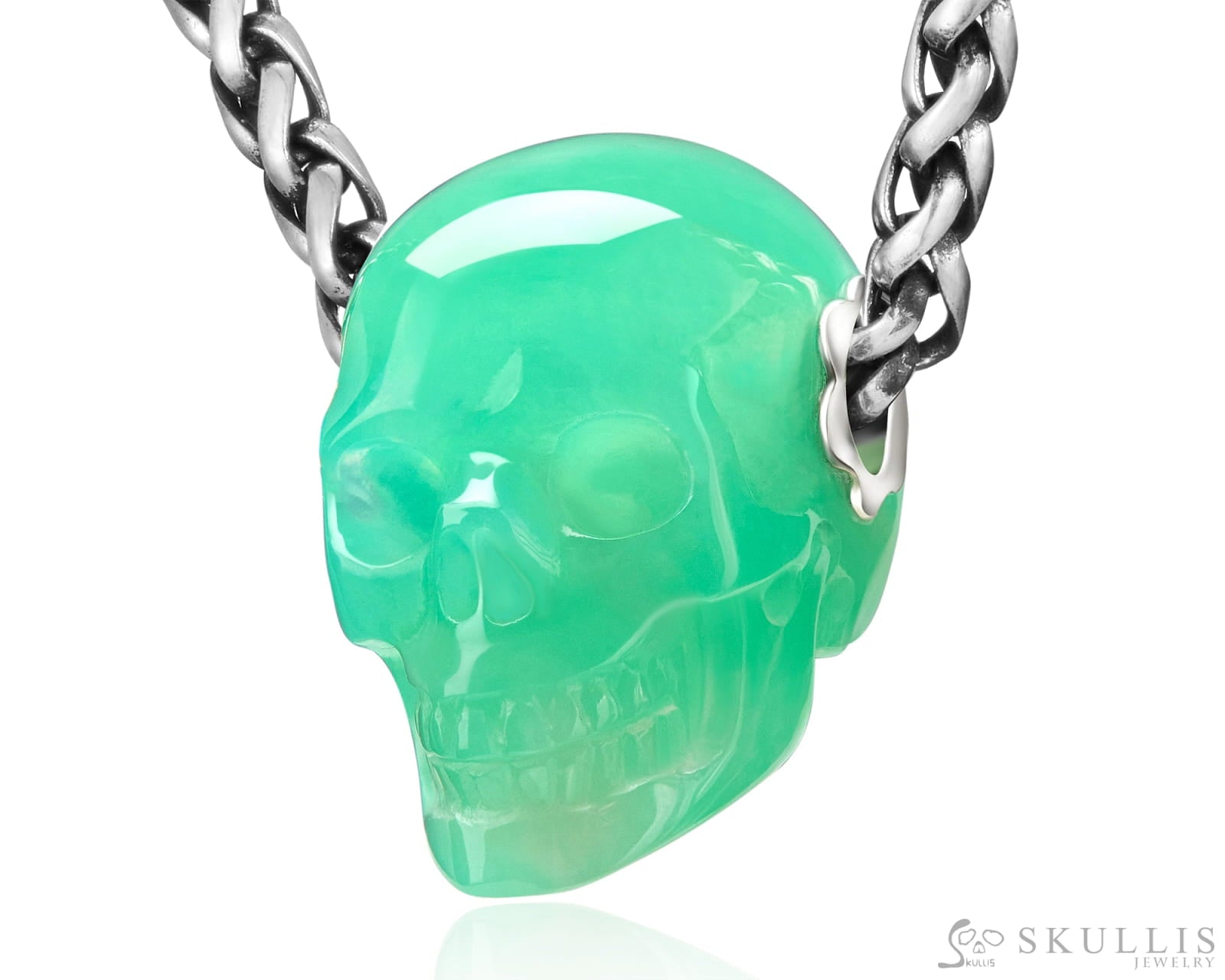 Skullis Signature Chrysoprase Gem Skull Pendant Or Necklace Hand Carved Sterling Silver.925 Chain