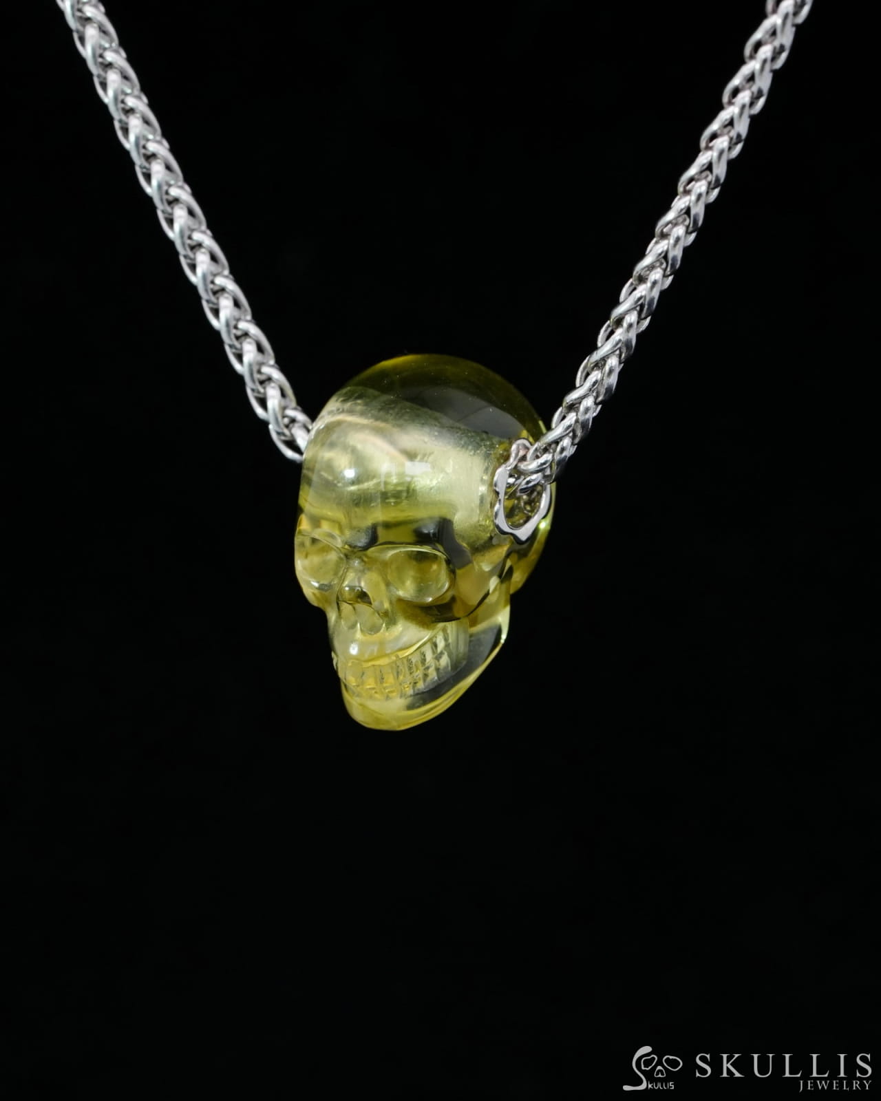 Skullis Signature Citrine Gem Skull Pendant or Necklace Hand Carved Sterling Silver 925 Chain for Women & Men - 9500202