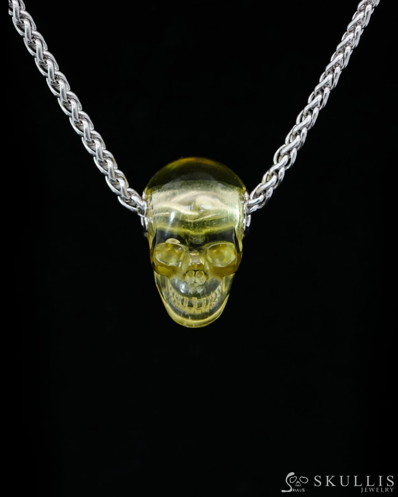 Skullis Signature Citrine Gem Skull Pendant or Necklace Hand Carved Sterling Silver 925 Chain for Women & Men - 9500202