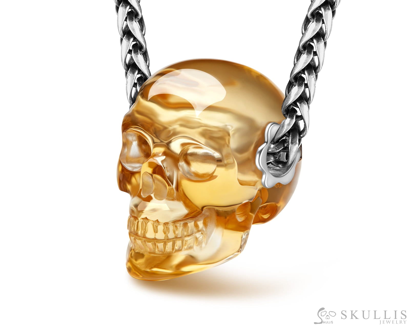 Skullis Signature Citrine Gem Skull Pendant or Necklace Hand Carved Sterling Silver 925 Chain for Women & Men Skull