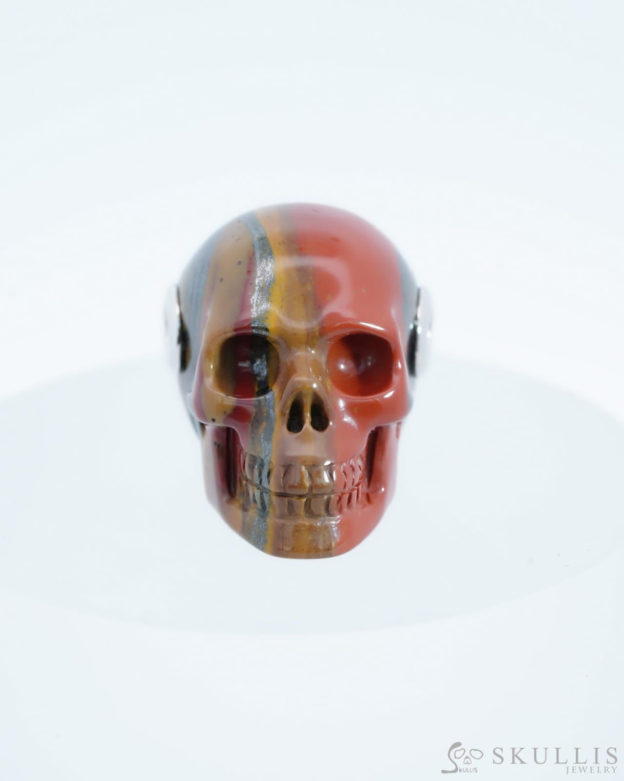 Skullis Signature Colorful Tiger Iron Eye Gem Skull Pendant Or Necklace Hand Carved Sterling Silver