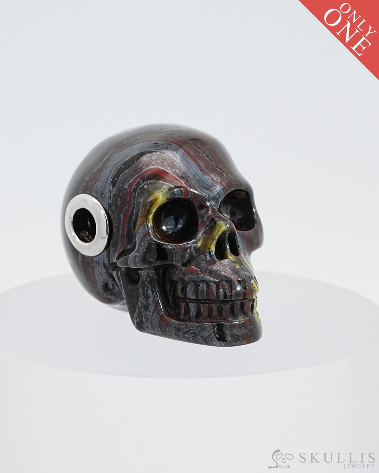 Skullis Signature Colorful Tiger Iron Eye Gem Skull Pendant Or Necklace Hand Carved Sterling Silver
