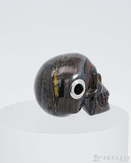 Skullis Signature Colorful Tiger Iron Eye Gem Skull Pendant Or Necklace Hand Carved Sterling Silver