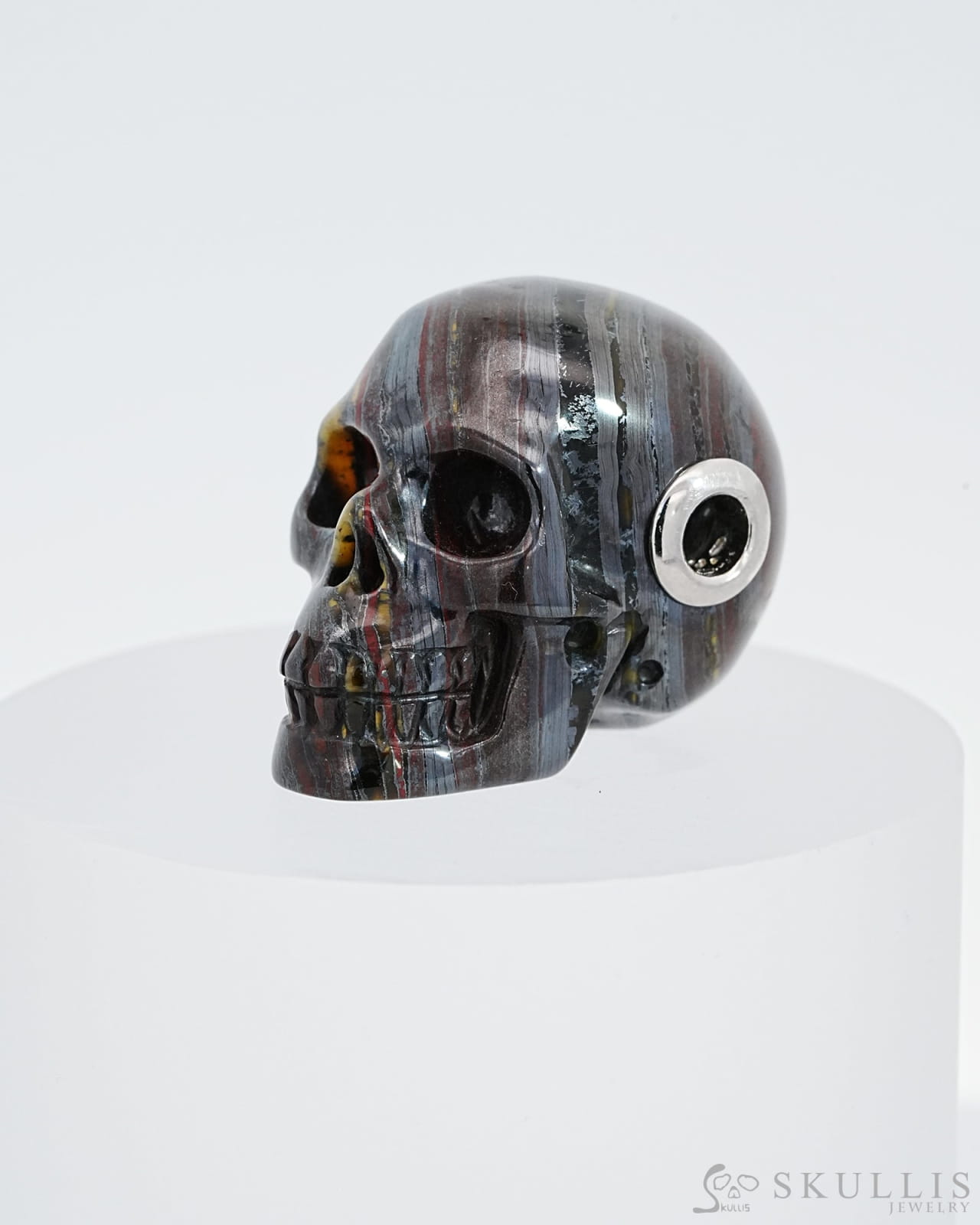 Skullis Signature Colorful Tiger Iron Eye Gem Skull Pendant Or Necklace Hand Carved Sterling Silver