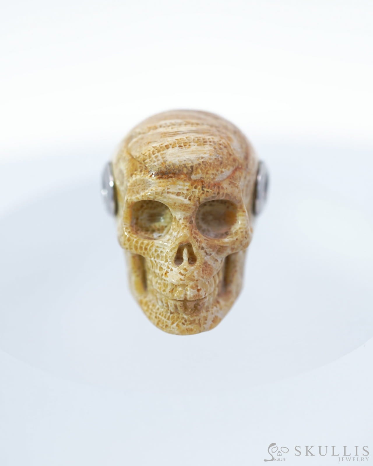 Skullis Signature Coral Fossil Gem Skull Pendant or Necklace Hand Carved Sterling Silver 925 Chain for Women & Men