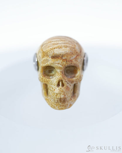 Skullis Signature Coral Fossil Gem Skull Pendant or Necklace Hand Carved Sterling Silver 925 Chain for Women & Men
