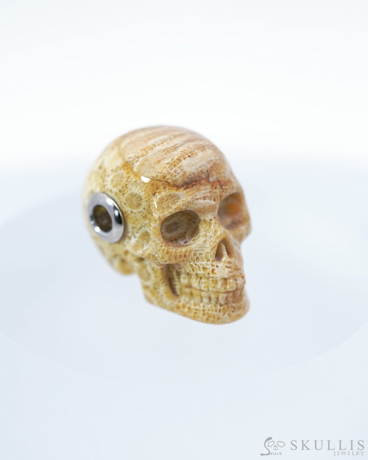 Skullis Signature Coral Fossil Gem Skull Pendant or Necklace Hand Carved Sterling Silver 925 Chain for Women & Men