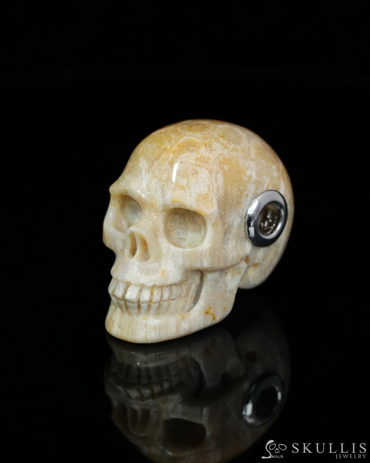 Skullis Signature Coral Fossil Gem Skull Pendant or Necklace Hand Carved Sterling Silver 925 Chain for Women & Men