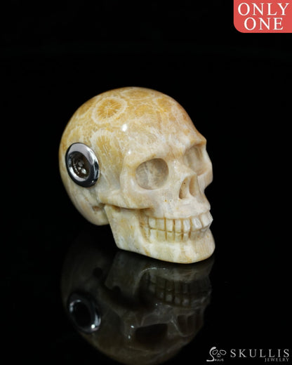 Skullis Signature Coral Fossil Gem Skull Pendant or Necklace Hand Carved Sterling Silver 925 Chain for Women & Men