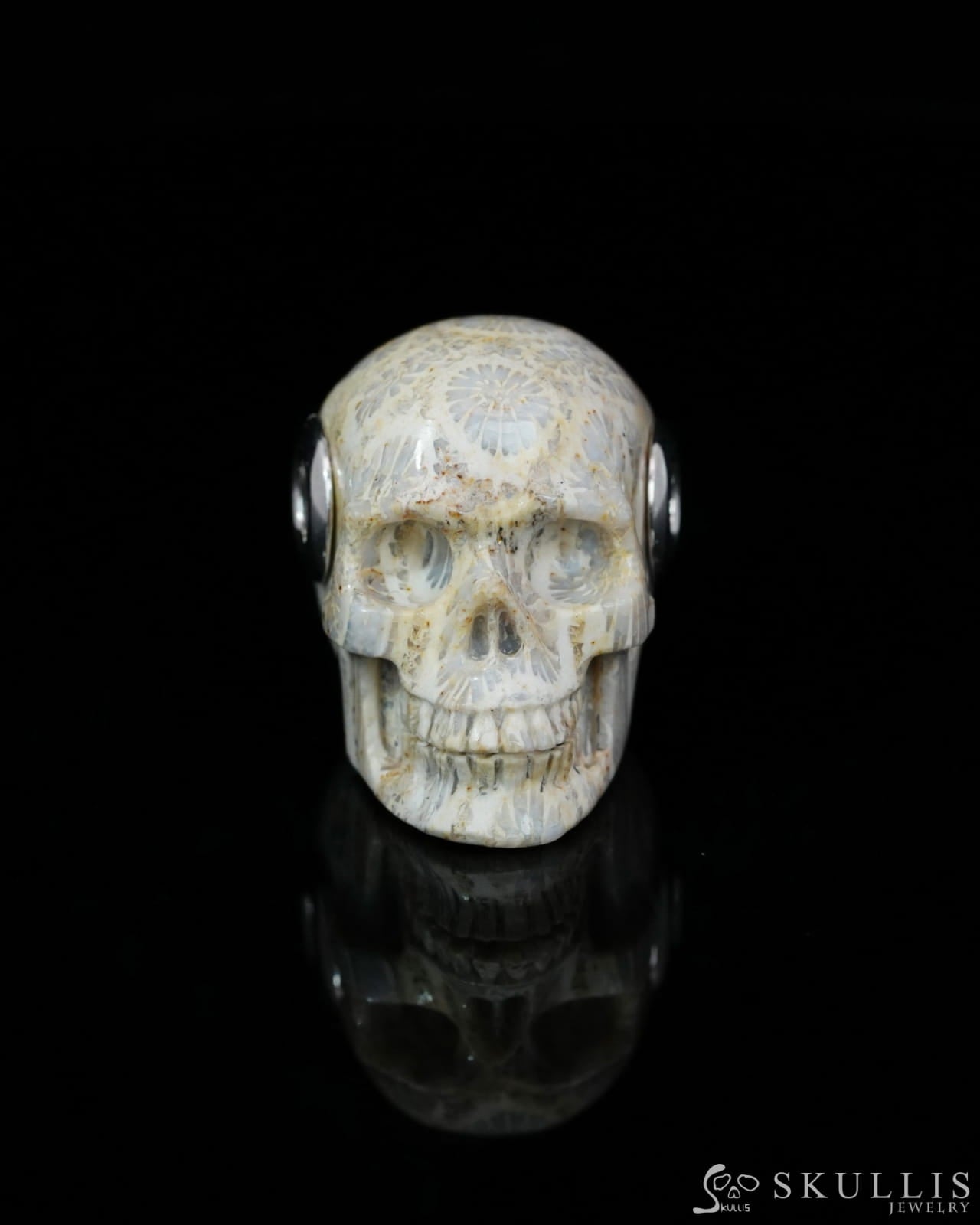 Skullis Signature Coral Fossil Gem Skull Pendant or Necklace Hand Carved Sterling Silver 925 Chain for Women & Men