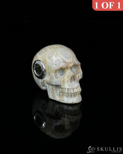Skullis Signature Coral Fossil Gem Skull Pendant or Necklace Hand Carved Sterling Silver 925 Chain for Women & Men