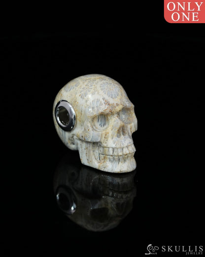 Skullis Signature Coral Fossil Gem Skull Pendant or Necklace Hand Carved Sterling Silver 925 Chain for Women & Men