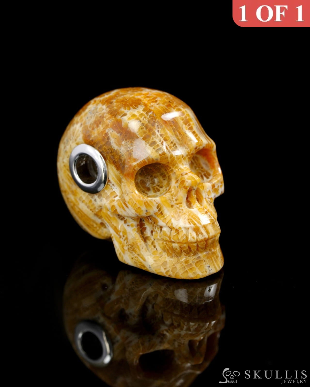 Skullis Signature Coral Fossil Gem Skull Pendant or Necklace Hand Carved Sterling Silver 925 Chain for Women & Men