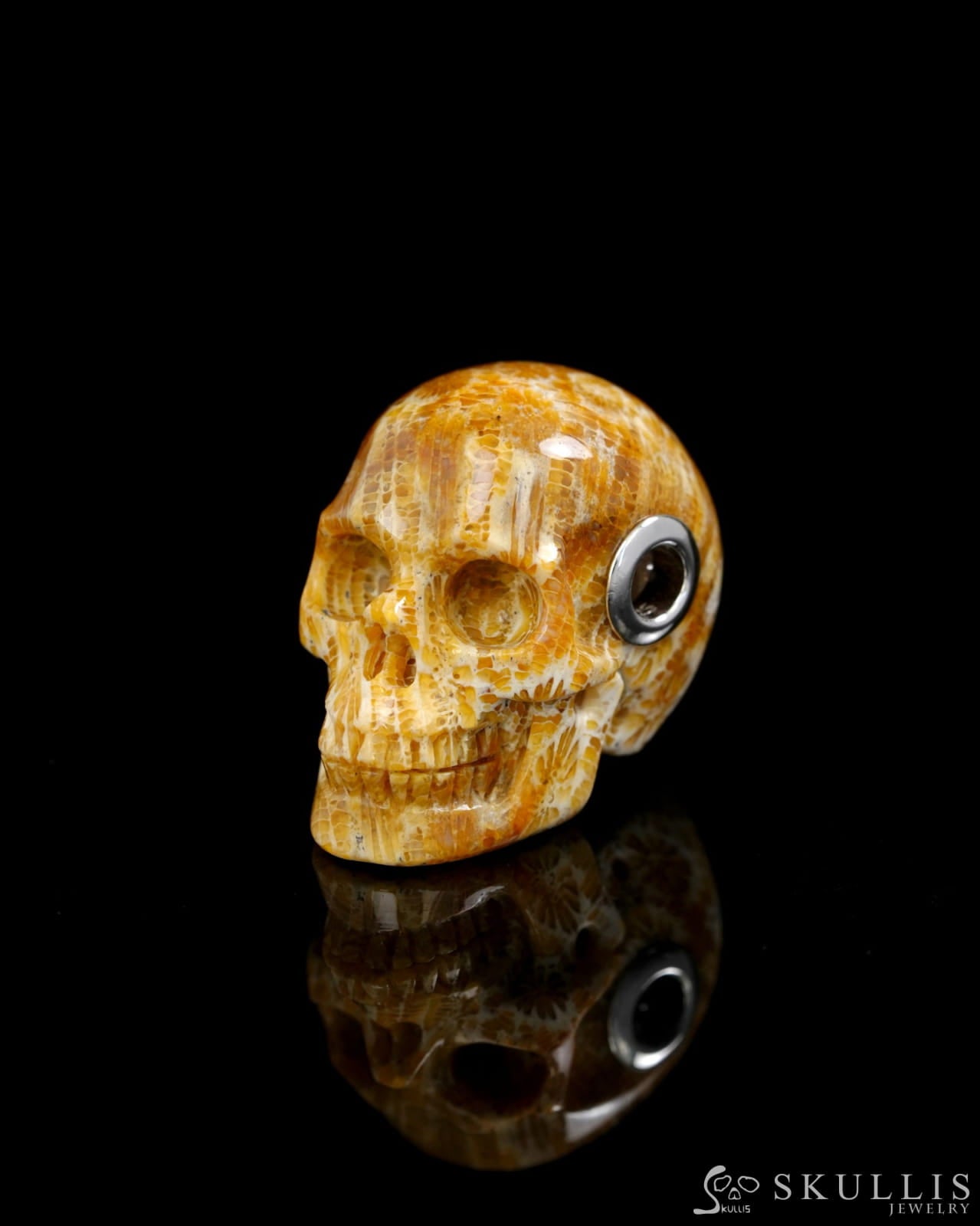 Skullis Signature Coral Fossil Gem Skull Pendant or Necklace Hand Carved Sterling Silver 925 Chain for Women & Men