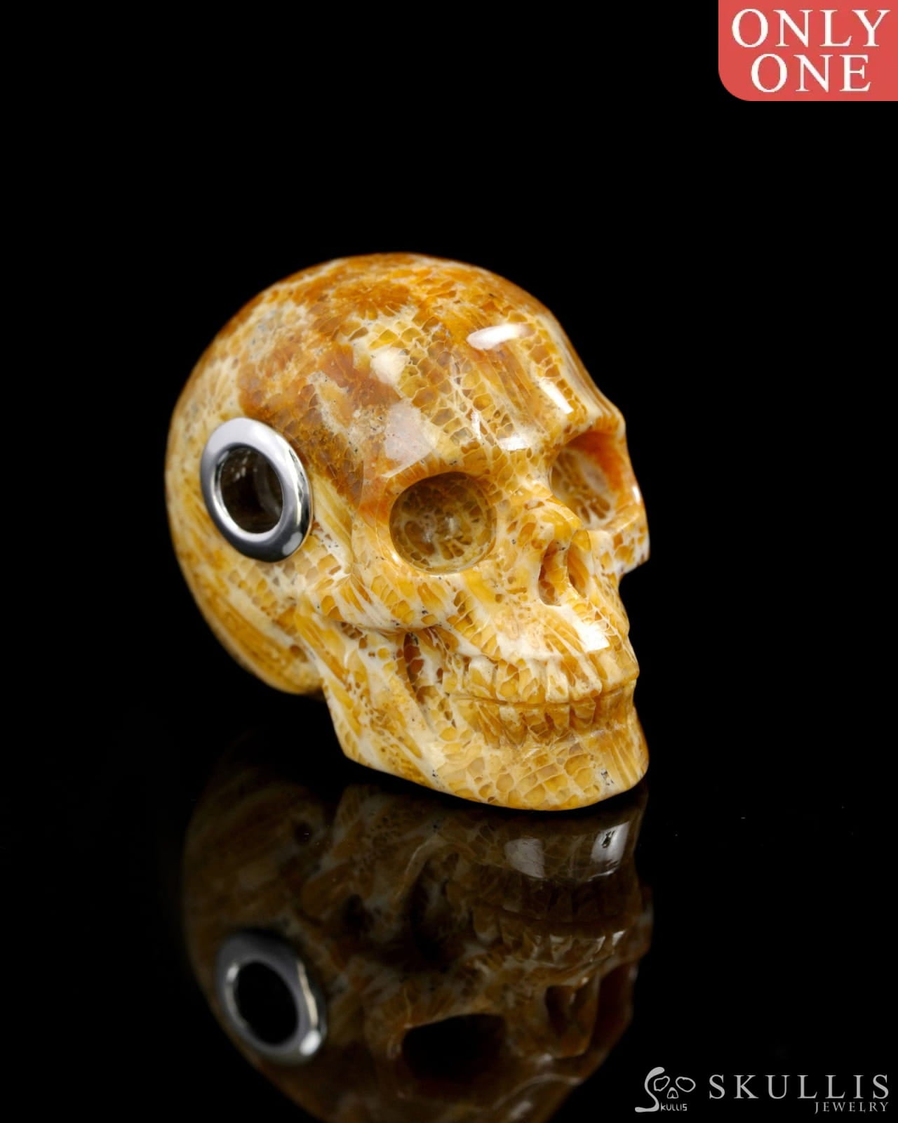 Skullis Signature Coral Fossil Gem Skull Pendant or Necklace Hand Carved Sterling Silver 925 Chain for Women & Men