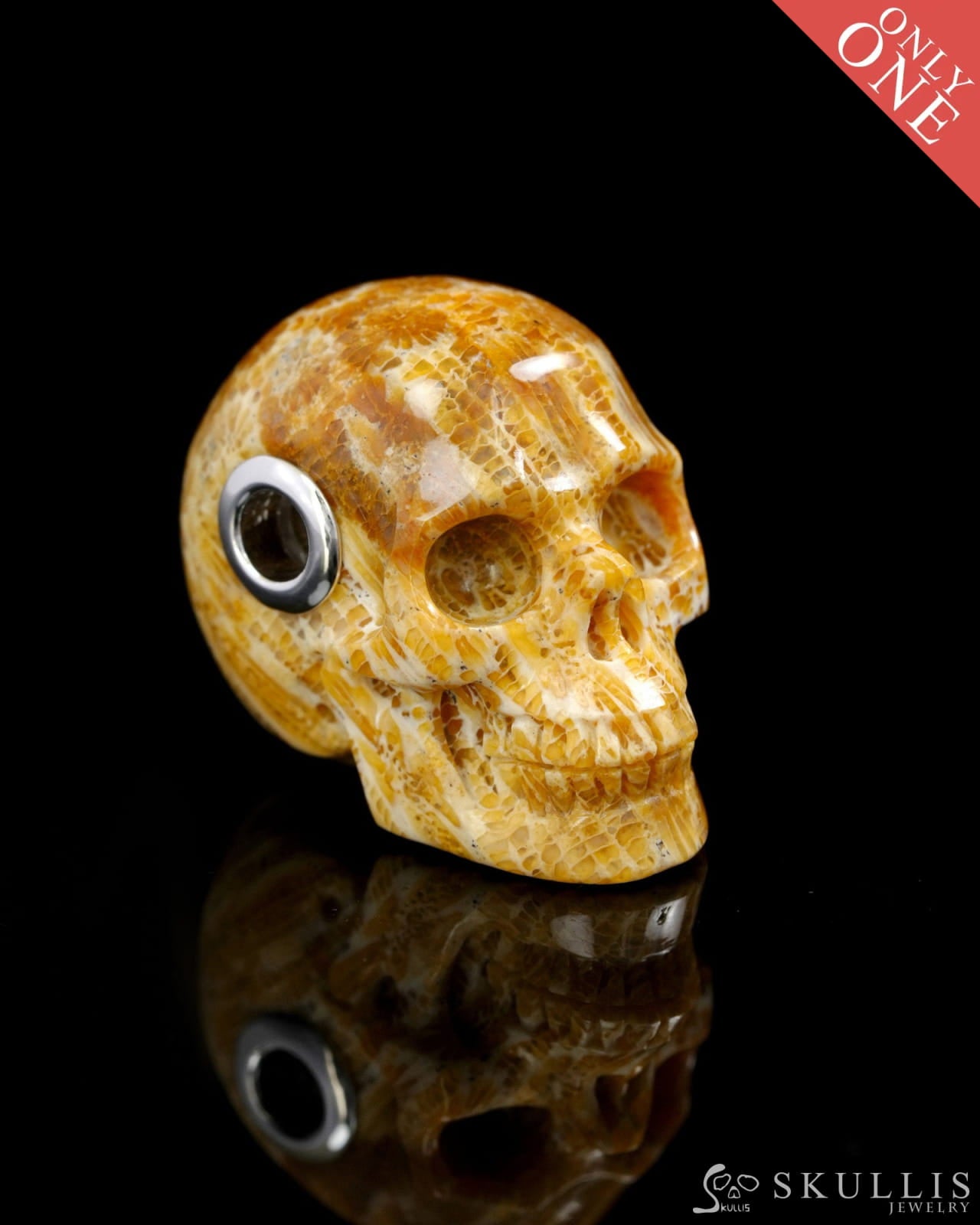 Skullis Signature Coral Fossil Gem Skull Pendant or Necklace Hand Carved Sterling Silver 925 Chain for Women & Men