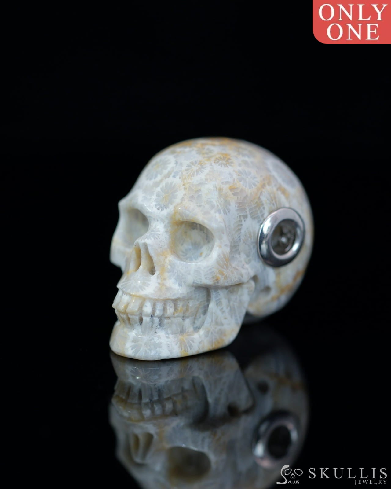 Skullis Signature Coral Fossil Gem Skull Pendant or Necklace Hand Carved Sterling Silver 925 Chain for Women & Men