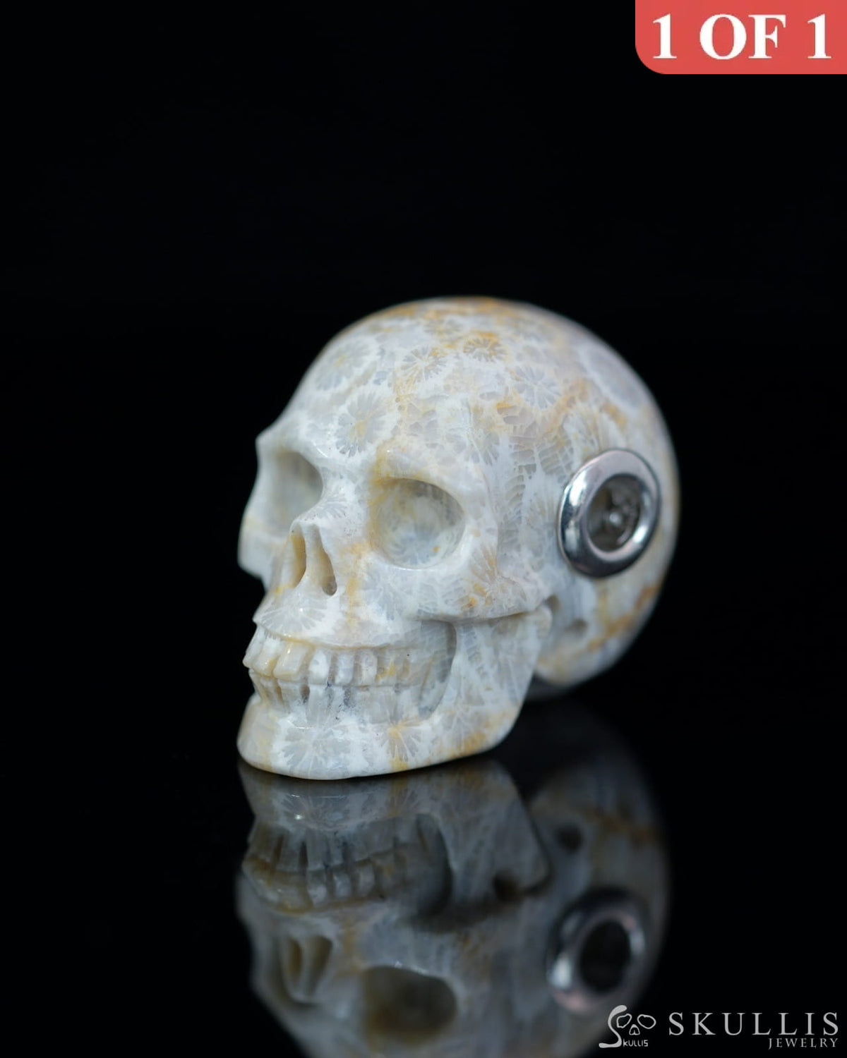 Skullis Signature Coral Fossil Gem Skull Pendant or Necklace Hand Carved Sterling Silver 925 Chain for Women & Men