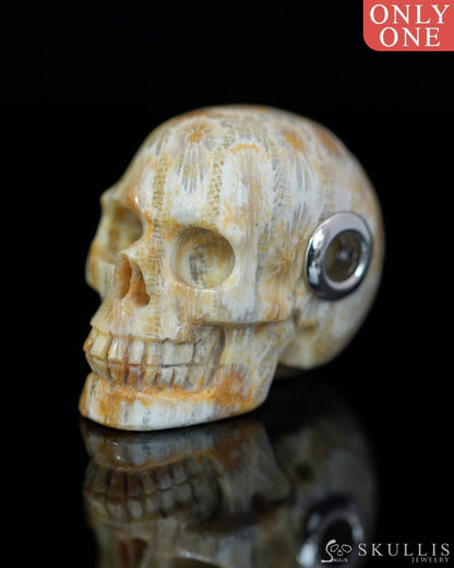 Skullis Signature Coral Fossil Gem Skull Pendant or Necklace Hand Carved Sterling Silver 925 Chain for Women & Men