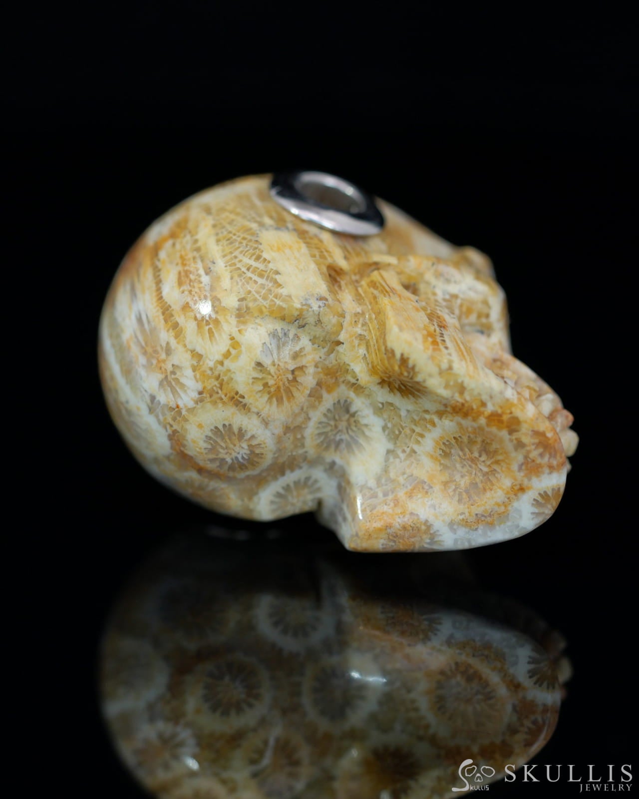 Skullis Signature Coral Fossil Gem Skull Pendant or Necklace Hand Carved Sterling Silver 925 Chain for Women & Men