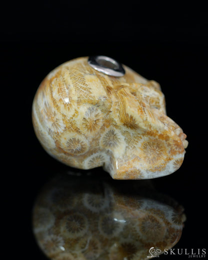 Skullis Signature Coral Fossil Gem Skull Pendant or Necklace Hand Carved Sterling Silver 925 Chain for Women & Men