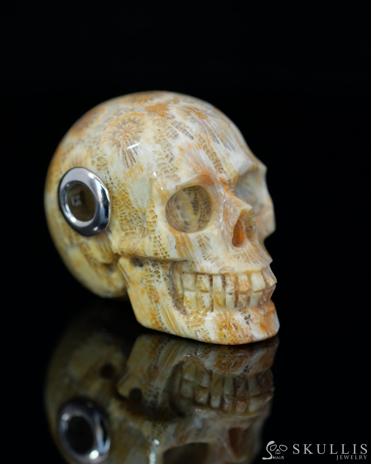 Skullis Signature Coral Fossil Gem Skull Pendant or Necklace Hand Carved Sterling Silver 925 Chain for Women & Men