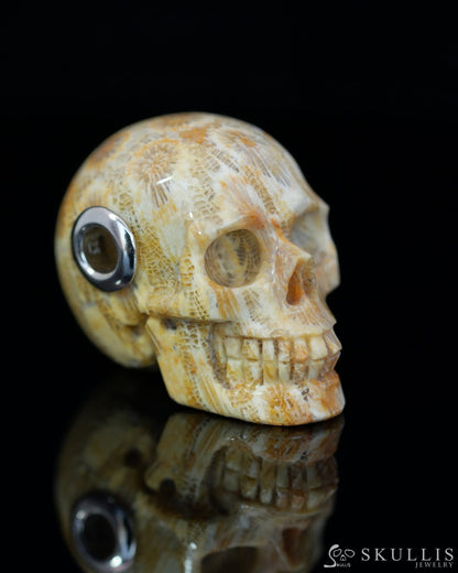 Skullis Signature Coral Fossil Gem Skull Pendant or Necklace Hand Carved Sterling Silver 925 Chain for Women & Men