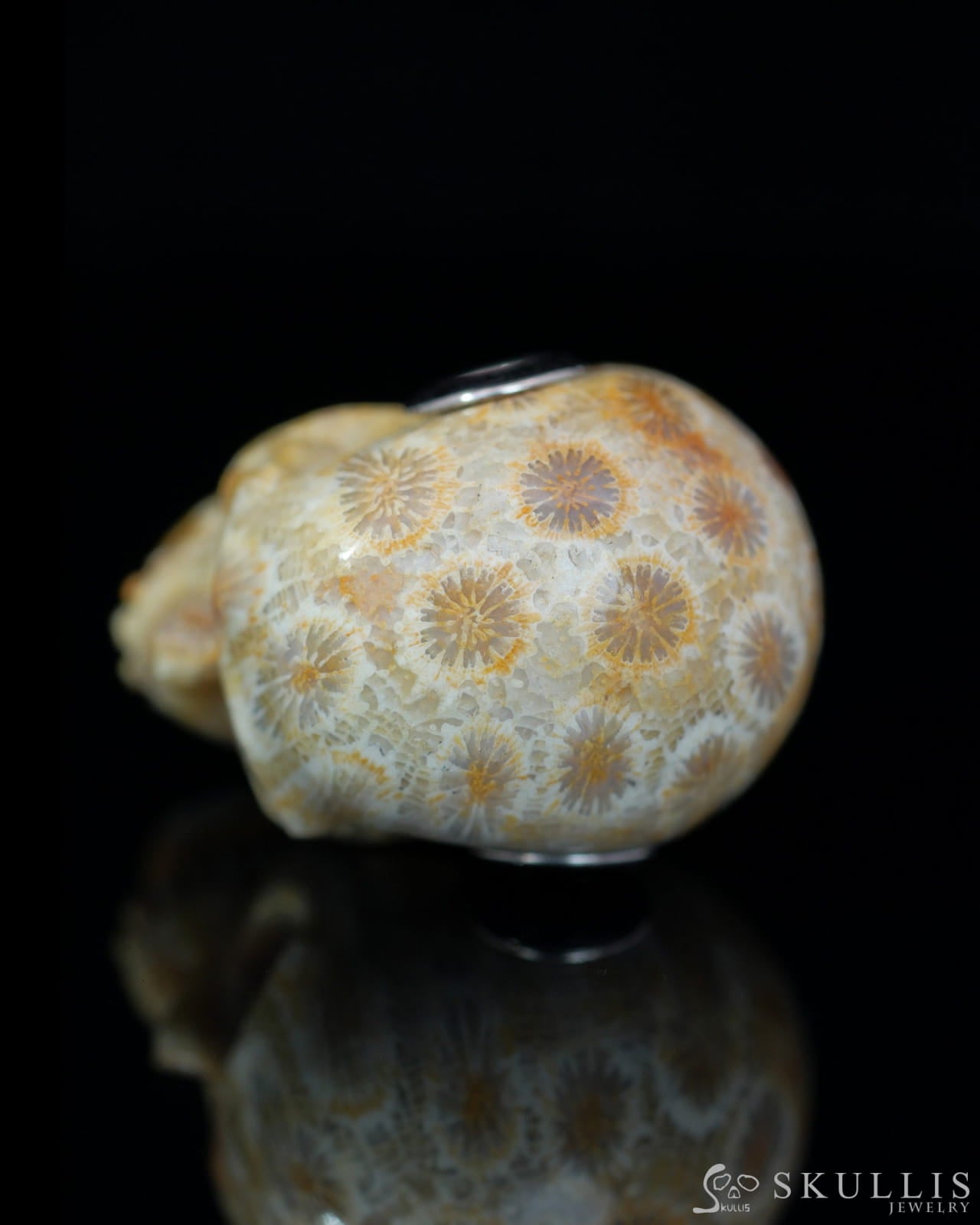 Skullis Signature Coral Fossil Gem Skull Pendant or Necklace Hand Carved Sterling Silver 925 Chain for Women & Men