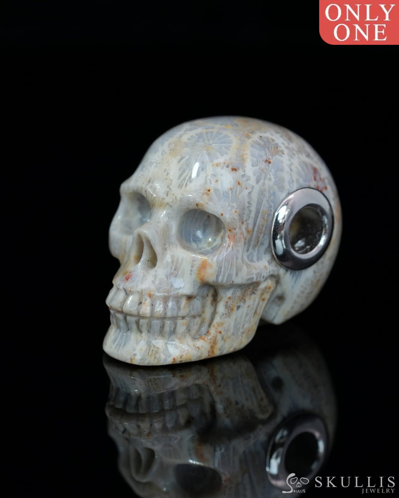 Skullis Signature Coral Fossil Gem Skull Pendant or Necklace Hand Carved Sterling Silver 925 Chain for Women & Men