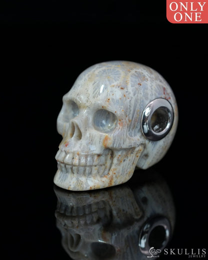 Skullis Signature Coral Fossil Gem Skull Pendant or Necklace Hand Carved Sterling Silver 925 Chain for Women & Men