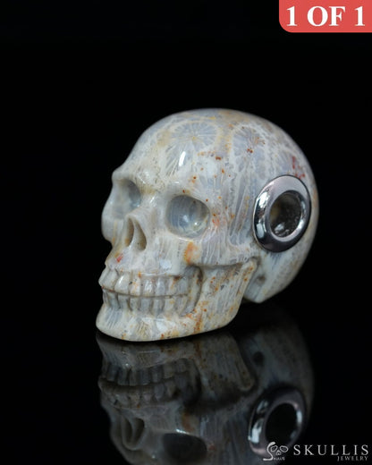 Skullis Signature Coral Fossil Gem Skull Pendant or Necklace Hand Carved Sterling Silver 925 Chain for Women & Men