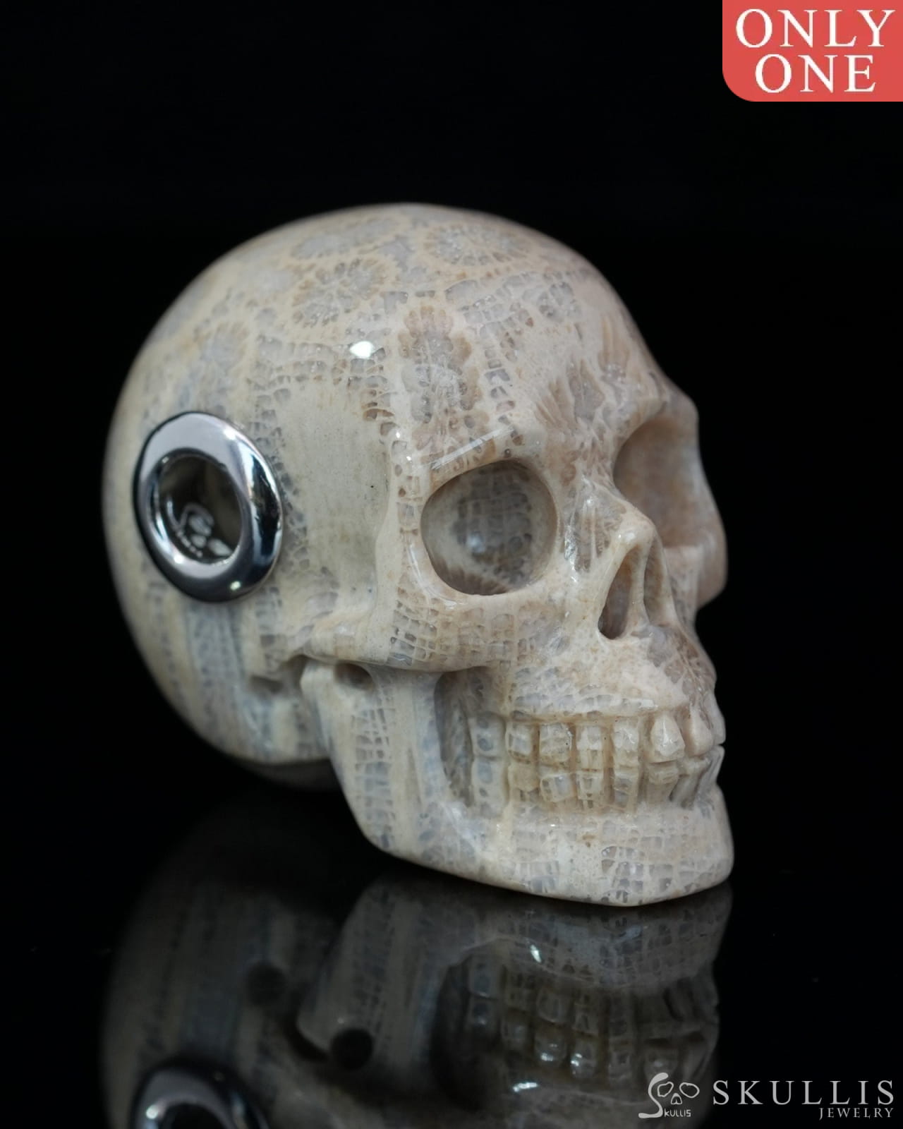 Skullis Signature Coral Fossil Gem Skull Pendant or Necklace Hand Carved Sterling Silver 925 Chain for Women & Men
