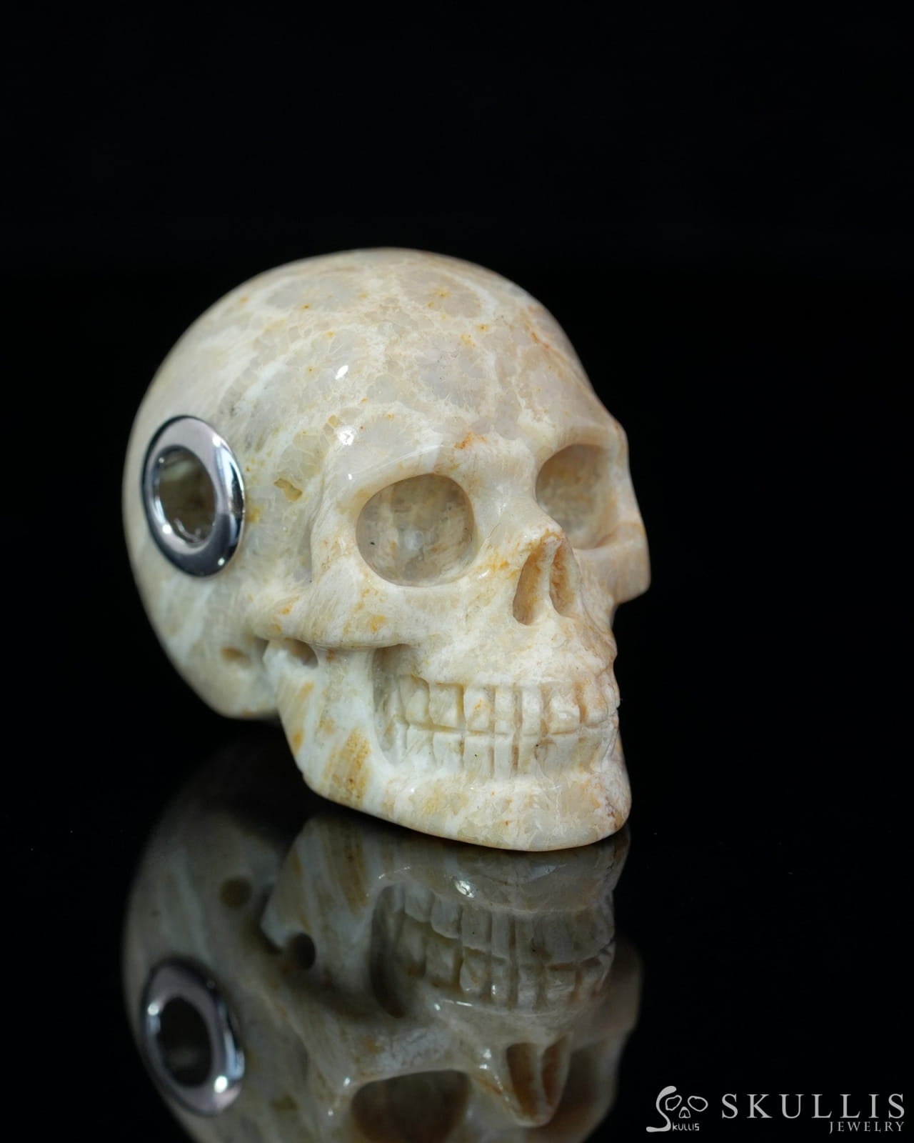 Skullis Signature Coral Fossil Gem Skull Pendant or Necklace Hand Carved Sterling Silver 925 Chain for Women & Men