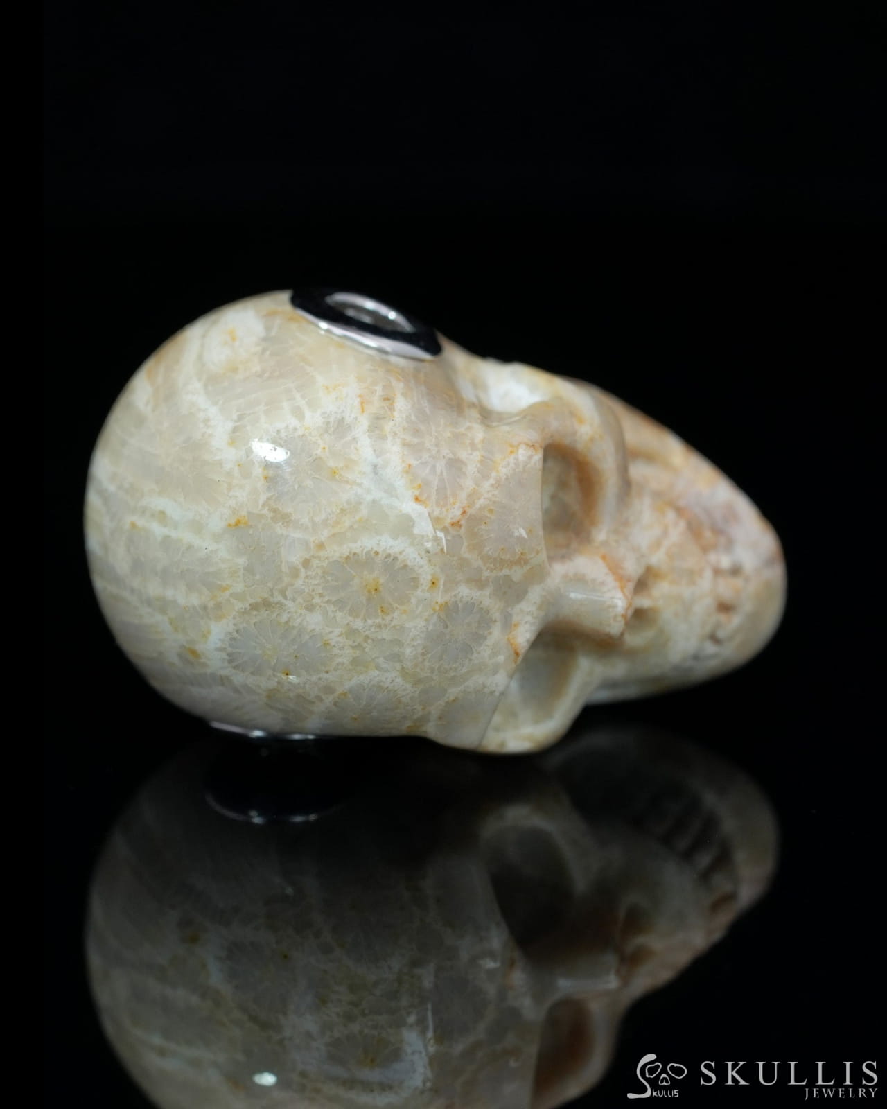 Skullis Signature Coral Fossil Gem Skull Pendant or Necklace Hand Carved Sterling Silver 925 Chain for Women & Men