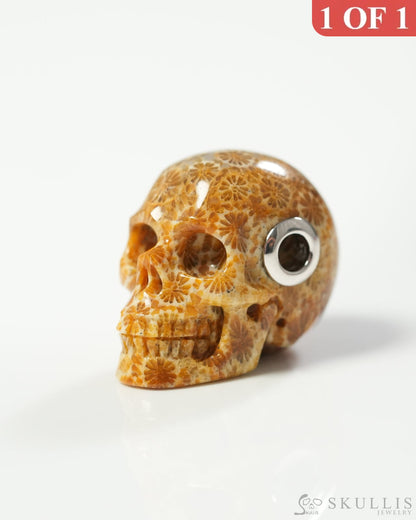 Skullis Signature Coral Fossil Gem Skull Pendant or Necklace Hand Carved Sterling Silver 925 Chain for Women & Men