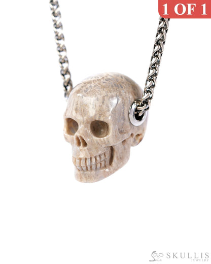 Skullis Signature Coral Fossil Gem Skull Pendant or Necklace Hand Carved Sterling Silver 925 Chain for Women & Men