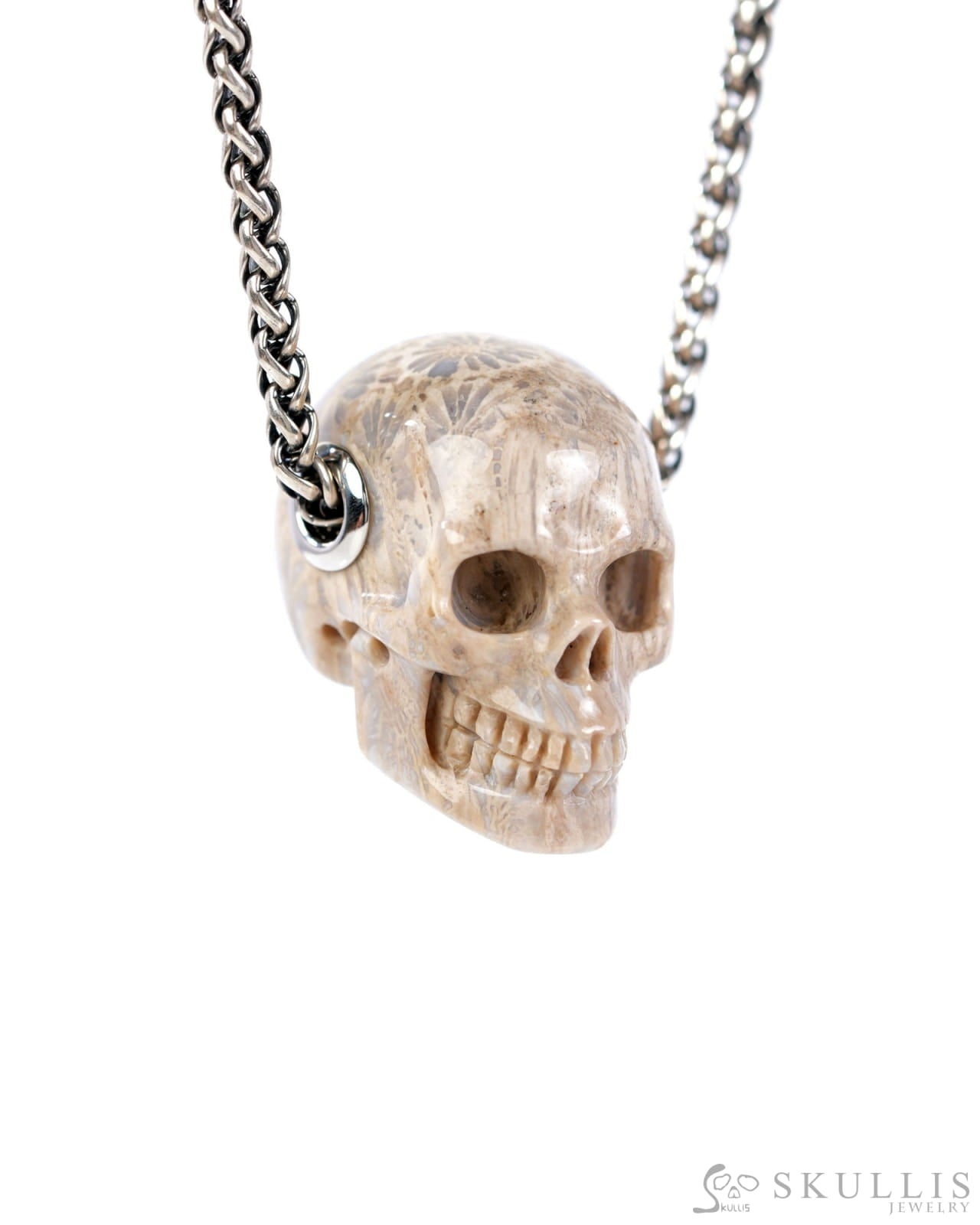 Skullis Signature Coral Fossil Gem Skull Pendant or Necklace Hand Carved Sterling Silver 925 Chain for Women & Men