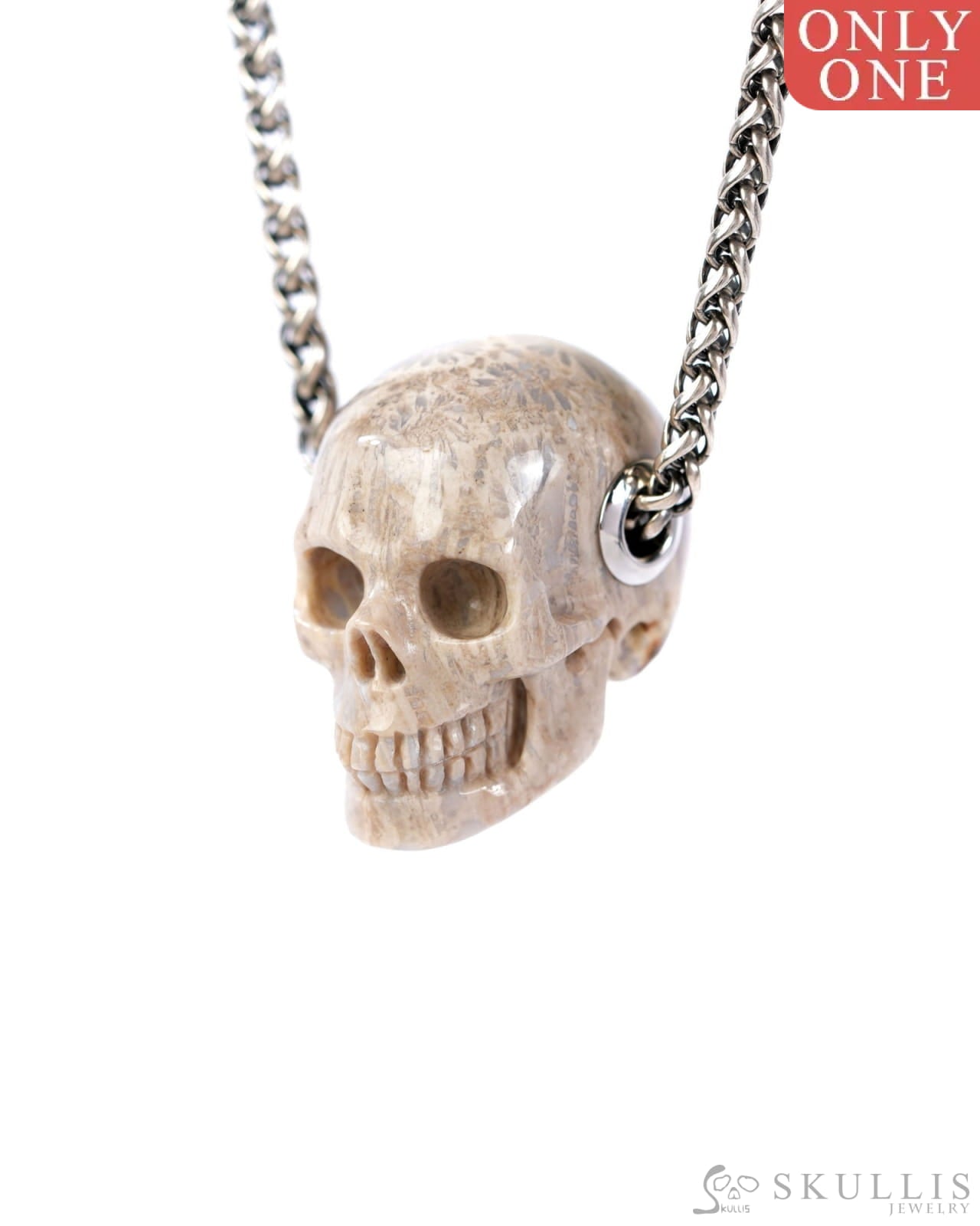Skullis Signature Coral Fossil Gem Skull Pendant or Necklace Hand Carved Sterling Silver 925 Chain for Women & Men